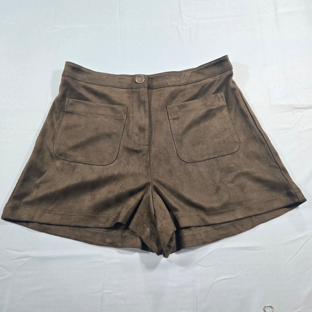LUSH Brown Faux Suede High Waisted Shorts Front Patch Pockets Women Size M